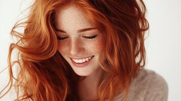 Red-haired beauty with freckles and a radiant smile, looking down with closed eyes in front of a white background, exuding warmth and happiness. photo