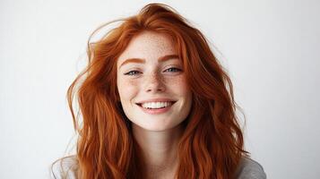Smiling redhead woman with freckles and bright eyes, radiating youthful beauty and confidence in a simple studio setting. photo