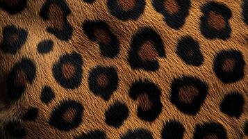 Close-up of animal print fur showcasing a unique blend of colors and distinct spots. The image exhibits a detailed texture and organic pattern. photo
