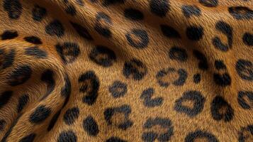 Close-up on animal print fabric with brown and black fur, showcasing a repeating pattern of rosettes on a folded textured surface. photo