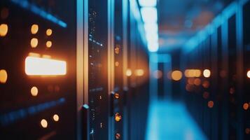 A server room illuminated with vibrant colors. A dynamic and abstract view of the data center infrastructure in operation. photo