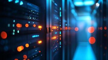 A high-tech server room featuring rows of computer server racks with glowing lights, showcasing data storage and processing infrastructure. photo