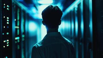 A lone figure stands in a high tech data center bathed in cool blue light, a silent guardian overseeing the complex network systems. photo