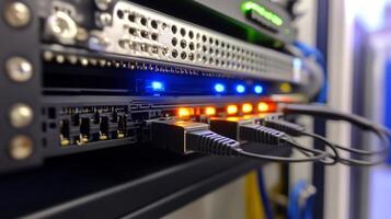Data center server rack with connected network cables and illuminated status lights indicating data flow and system activity. photo