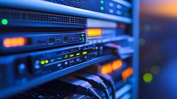 Close-up of a server rack, illuminated with green and orange lights, showing the connections and running hardware in a data center. photo