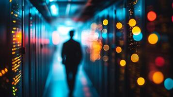 A person walks down a hallway lined with server racks, with the lights on the servers creating a colorful bokeh effect. Tech Data. photo