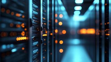 Data center with rows of servers and blinking lights shows the storage and processing of digital information. Security and technology concept photo
