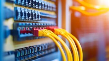 Connected yellow cables link multiple communication modules, ensuring data transmission. Precise wiring enhances the organized layout of components. photo