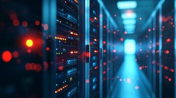 Illuminated server room with glowing lights showcases digital data processing, hosting, and IT infrastructure in a modern datacenter. photo