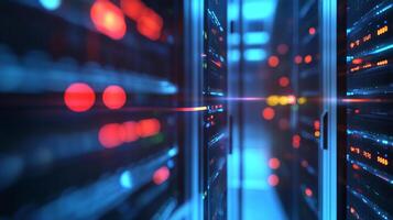 Close-up view of servers in a data center, showing network activity with lights and a sense of depth and connectivity. photo