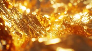Abstract close-up of crumpled gold foil, reflecting light with dazzling textures and warm tones for a luxurious visual experience. photo