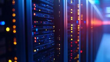 Servers in a data center glow with blue and red lights, processing information. A network of computers working hard. photo