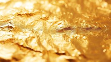 Abstract image of crushed shiny golden foil with delicate folds and reflections, creating a luxurious and textured surface. photo