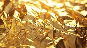 Striking close-up of heavily textured, reflective golden material showcasing intricate folds and a radiant, polished sheen. photo