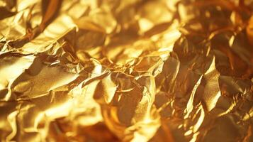 A mesmerizing close-up of crumpled gold material showcases depth and texture, perfect for backgrounds seeking luxury and richness. photo