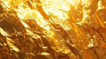 Gleaming gold foil texture under bright illumination, showcasing a rich, luxurious and reflective abstract surface. Artistic and refined. photo