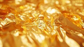 Close-up of shimmering, wrinkled gold foil, displaying light and reflections. Abstract textures and a golden color dominate the scene. photo
