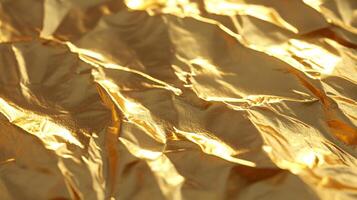 A closeup view of crumpled gold material, reflecting light. The texture is rich, creating an abstract pattern with depth and shine. photo