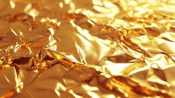 Abstract texture of gold foil, reflecting light and creating a shimmering surface with intricate wrinkles and a sense of opulence. photo