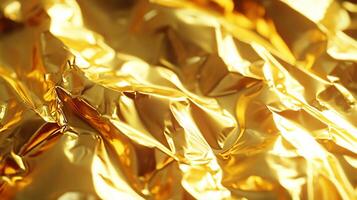 Golden texture unfolds, a landscape of reflective brilliance. Light dances on every crease, creating depths of luminous warmth. photo