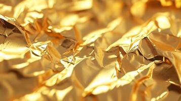 Abstract macro shot of crumpled gold foil capturing light and shadow. The metallic texture creates a sense of luxury and decadence. photo