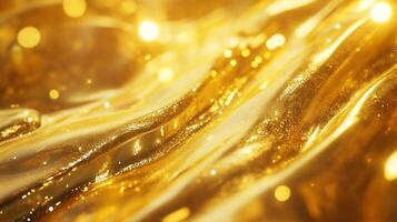 Abstract glistening gold surface with glowing orbs. Creates a luxurious and dazzling visual, reminiscent of a treasure or precious metal. photo