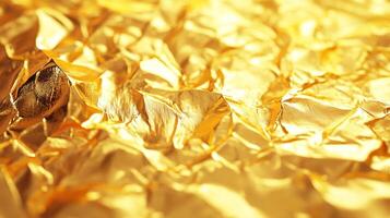 Close-up of wrinkled golden foil, showing texture and light reflections. Shiny, bright, and eye-catching design element or background. photo