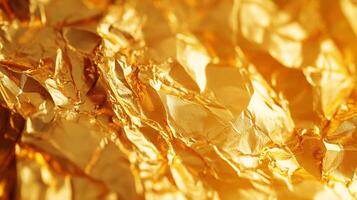 Golden foil gleams with radiant light, creating an abstract landscape of peaks and valleys in a rich, metallic texture. photo