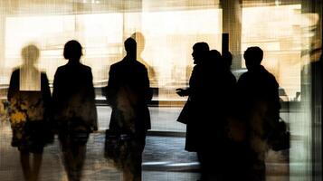 Silhouetted figures create a mysterious office scene. An abstract study in light, shadow, and the human form within an urban environment. photo