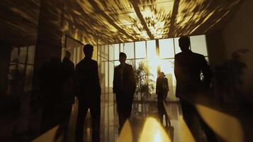 Silhouetted figures stand in an office lobby bathed in golden light, creating dynamic shadows and a sense of ambition and forward motion. photo