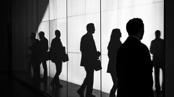 Abstract silhouettes of professionals walking inside modern building. stark contrast between light and shadow creating a sense of anonymity. photo