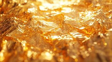 Gleaming gold surface with an abstract, crumpled texture and radiant light. A warm, luxurious, and visually captivating composition. photo