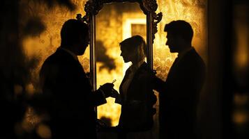 Silhouetted figures converse near an ornate mirror, illuminated by a warm, golden glow, creating a sense of mystery and anticipation. photo