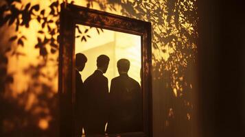 An ornate framed mirror reflects three silhouetted figures. Shadows of leaves are cast on the wall, creating a dramatic, dreamlike effect. photo