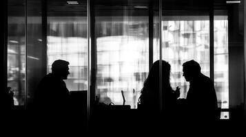 Silhouettes of business colleagues engaged in a meeting behind a glass wall, fostering collaboration and innovation. photo