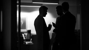 Three silhouetted men in suits stand in an office space discussing work in a grayscale image focusing on business and professionalism. photo