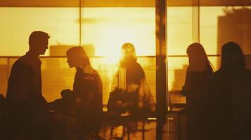 Silhouetted figures stand before a window aglow with golden sunlight, creating a warm and inviting atmosphere in an architectural setting. photo