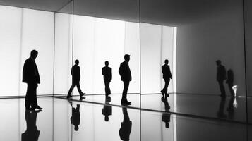 Silhouetted figures walking in a minimalist, bright, and reflective space. The black and white contrast adds to the stark beauty. photo