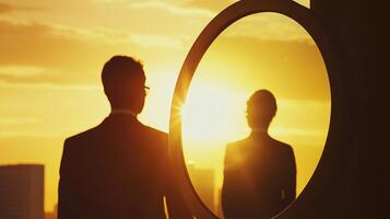 Golden reflection of a suited person. Silhouette in the mirror against a golden sky and city backdrop, introspective and atmospheric. photo