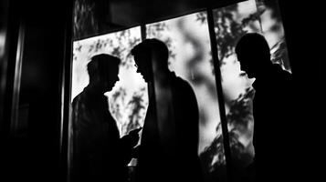Silhouette study of three figures engaged in discussion by a window, set against a softly lit background. Dramatic use of light and shadow. photo