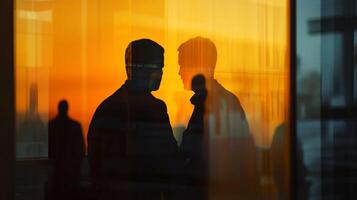 Silhouette of two figures in discussion against a bright orange background, symbolizing a potential meeting or interaction at sunset. photo