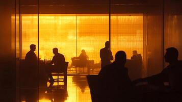 Silhouetted people in a warm-toned space, possibly waiting or in discussion, creating a dramatic and mysterious atmosphere. photo