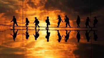Silhouetted figures traverse a rope bridge at sunset, reflected in the water below, creating a mirror image of the sky and the adventurers. photo