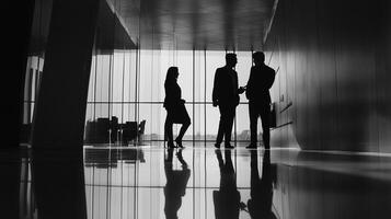 Silhouetted figures in a modern office building stand in front of a window. They are in discussion, potentially about work. photo
