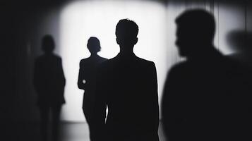 Silhouette of figures walking towards light, hinting at a path forward, a hopeful future, or navigating challenges with team support. photo