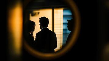 Silhouette of three businesspeople in suits, seen through a circular frame. Window with horizontal lines in the background. photo