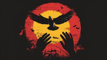 Symbolic art showing a bird taking flight from hands against a textured sun, conveying themes of freedom, hope, and letting go. photo
