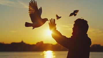 Man interacting with birds at sunset, silhouette against golden sky, symbolizing freedom and peace with nature. A tranquil, scenic moment. photo