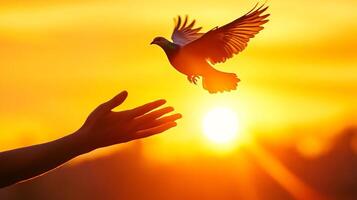 A hand reaching out towards a dove in flight during a warm golden sunset, evoking themes of hope, peace and freedom in nature's glow. photo