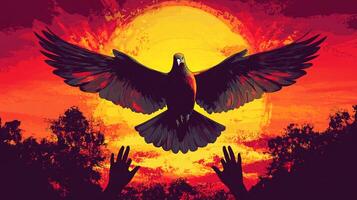 A soaring dove takes flight against a vibrant sunset, silhouetted hands reaching up towards it, in a moment of peace and transcendence. photo